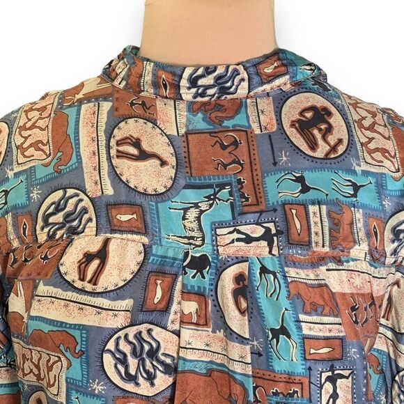 Vintage One Eight Hundred Shirt Aqua Blue Native Art Printed Short Sleeve Silk - Picture 4 of 8